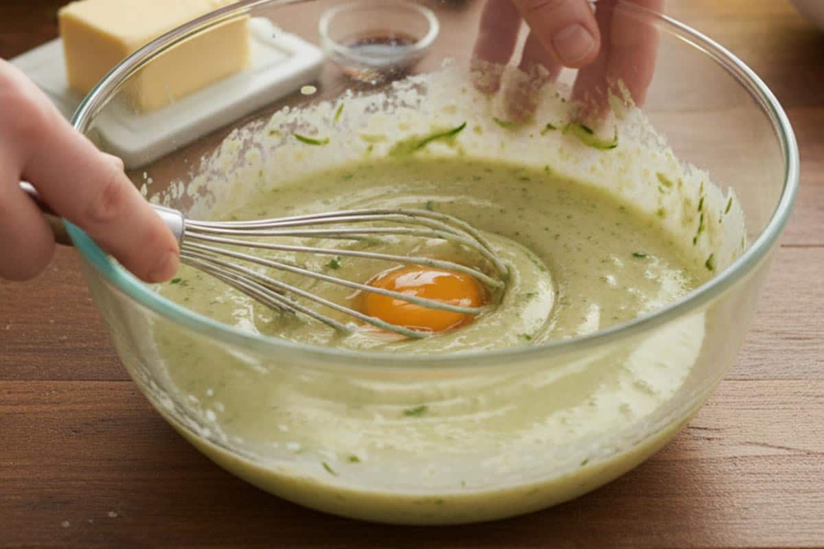 Whisked the shredded zucchini, butter, oil, egg, sweetener, and vanilla in a bowl.