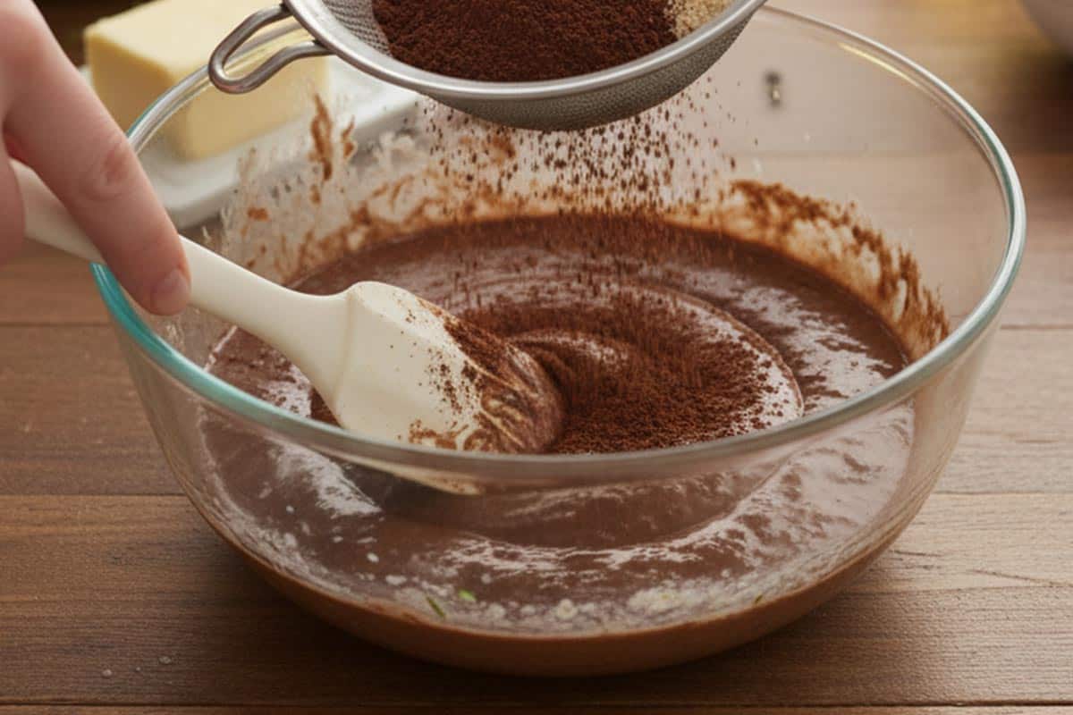 Added the peanut flour, cocoa powder, baking powder, and salt into the bowl.