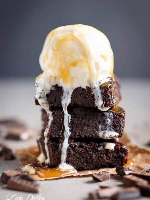 Low Carb Zucchini Brownies with an ice cream scoop
