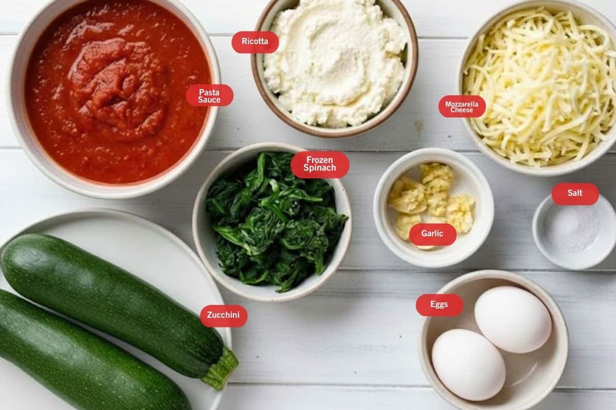 Flat lay photo of ingredient shot of Spinach and Ricotta Zucchini Cannelloni ( pasta sauce, ricotta, mozzarella cheese, salt, garlic, frozen spinach, zucchini, eggs)