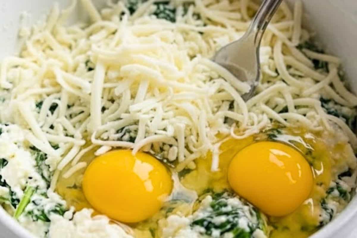 Place the thawed spinach in a large bowl, add the ricotta, eggs, garlic, half of the mozzarella cheese, and salt to taste.