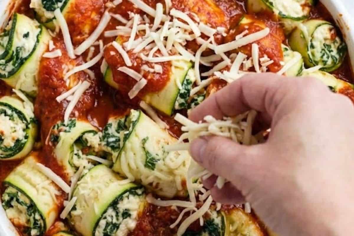 Repeat with the remaining zucchini and filling until the dish is full. Spoon remaining sauce over the cannelloni and sprinkle with the rest of the mozzarella cheese.