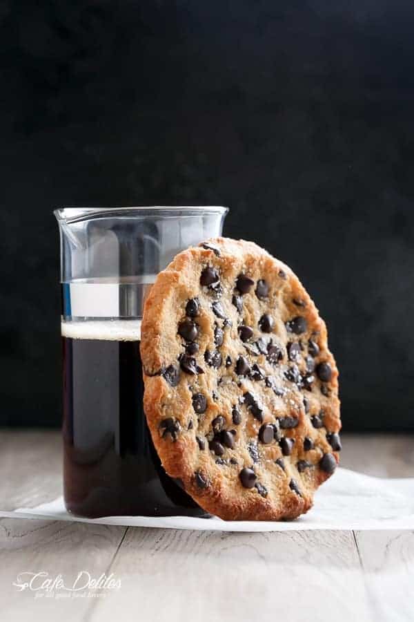 Single Serve Jumbo Low Carb Chocolate Chip Cookie with black coffee