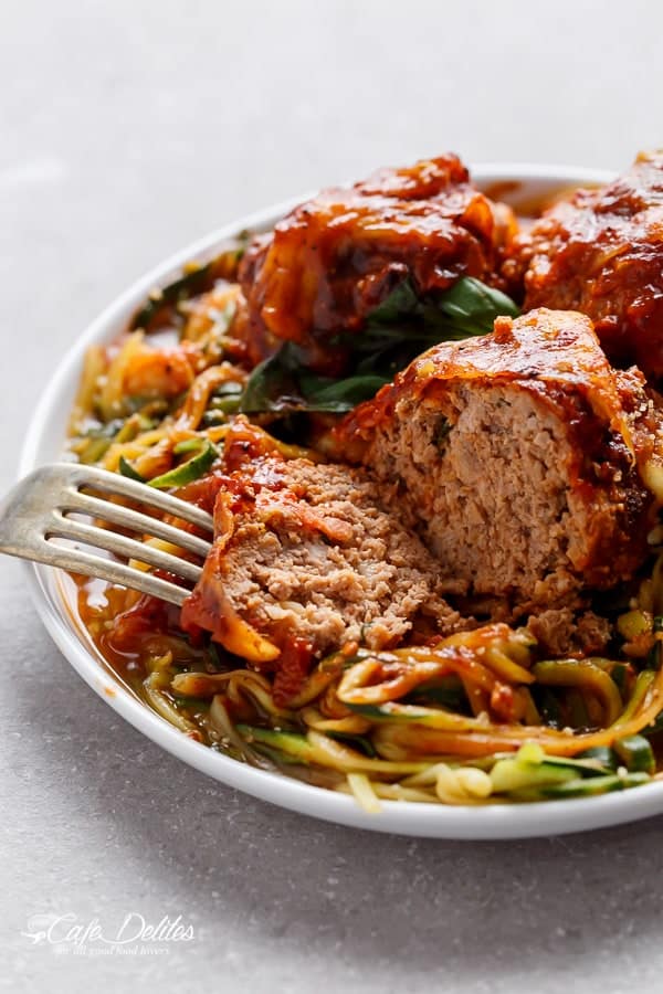 Fork pierced in Sundried Tomato Cheesy Meatballs