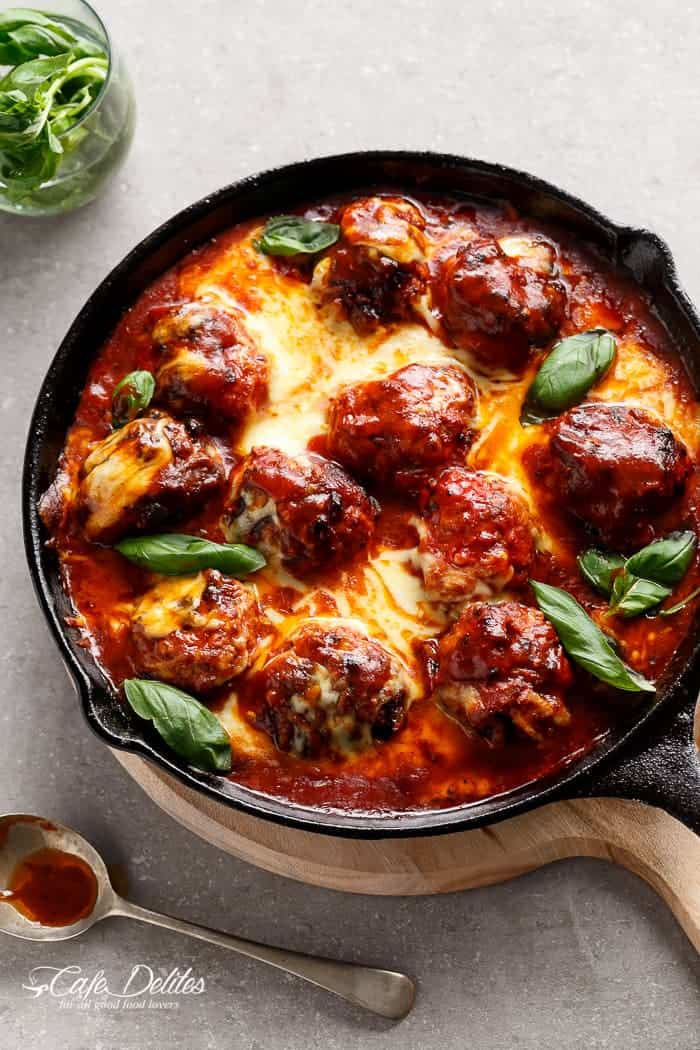 Sun Dried Tomato Cheesy Meatballs in a pan