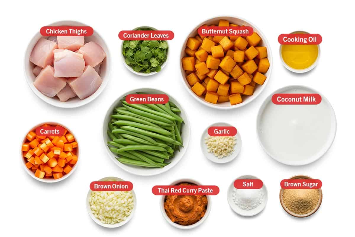 Top shot of ingredients: Chicken thighs, coriander leaves, butternut squash, cooking oil, carrots, green beans, garlic, coconut milk, brown onion, Thai red curry paste, salt, and brown sugar.