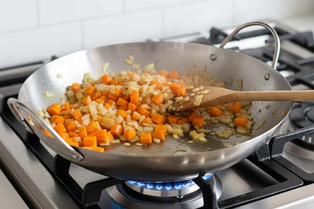 Sautéing the onion and carrot in a large pan.