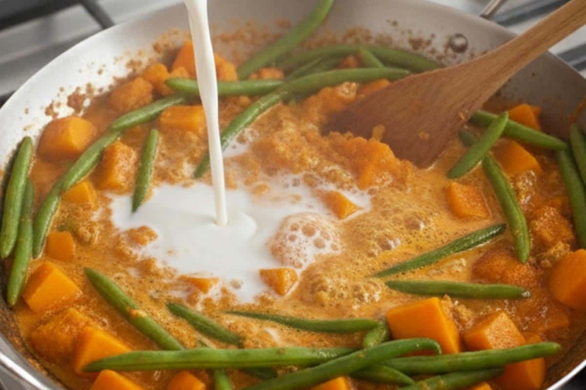 Pouring in the coconut milk and bring to a gentle simmer.