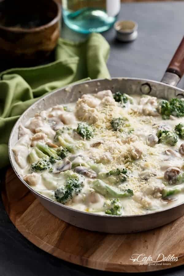 Chicken and Mushrooms in a Creamy White Wine Sauce in a pan