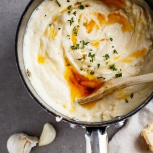 Garlic Parmesan Browned Butter Mashed Potatoes in a pan