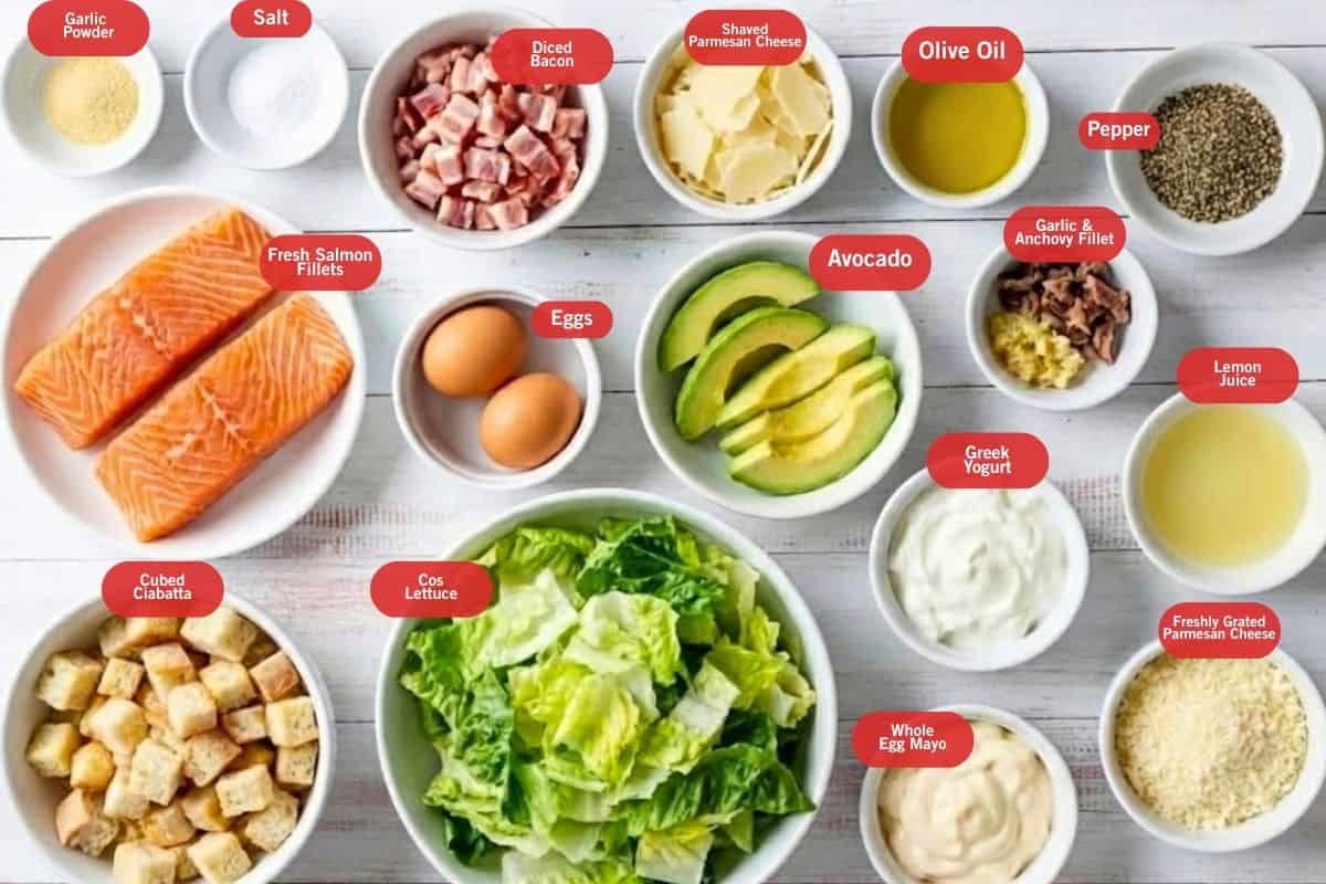 Flat lay photo of garlic powder, salt, diced bacon, shaved parmesan cheese, olive oil, pepper, fresh salmon fillets, avocado, garlic and anchovy fillet, lemon juice, eggs, cubed ciabatta, cos lettuce, greek yogurt, whole egg mayo, freshly grated parmesan cheese, olive oil,