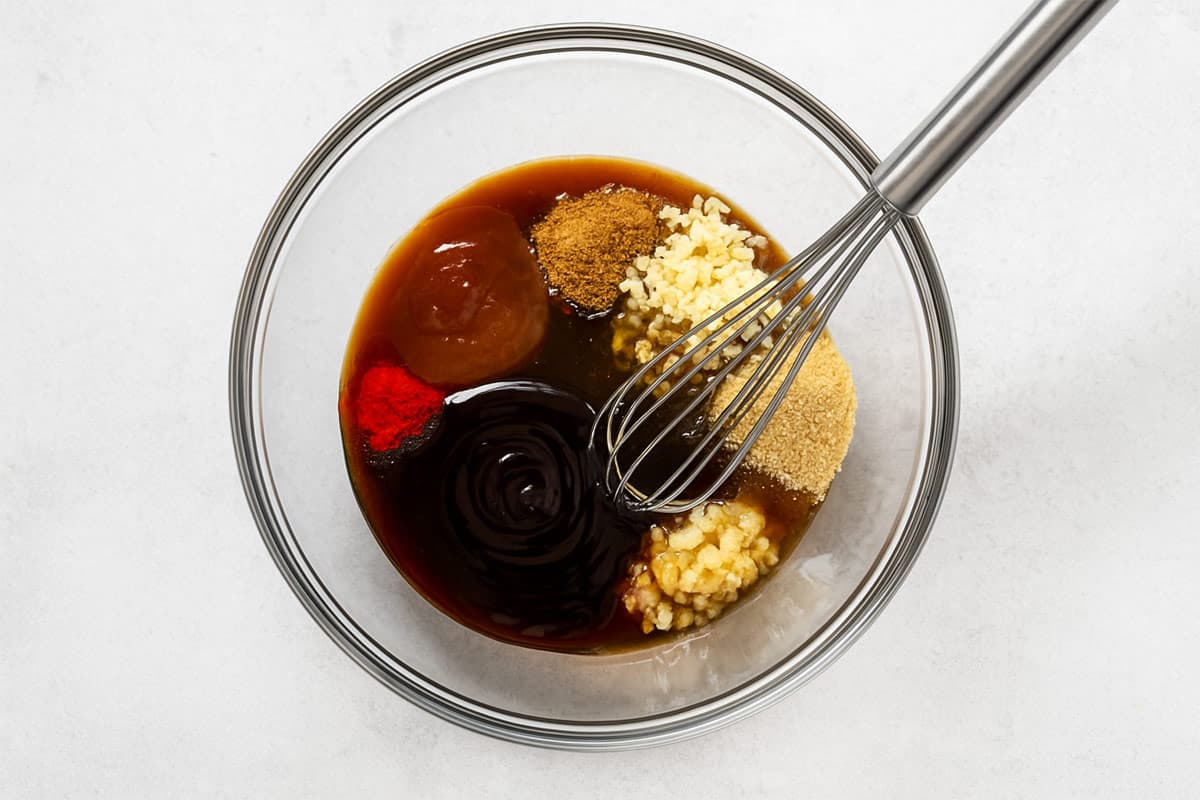 Glass bowl with hoisin, soy, Shaoxing wine, honey, garlic, red food coloring, etc. being whisked.