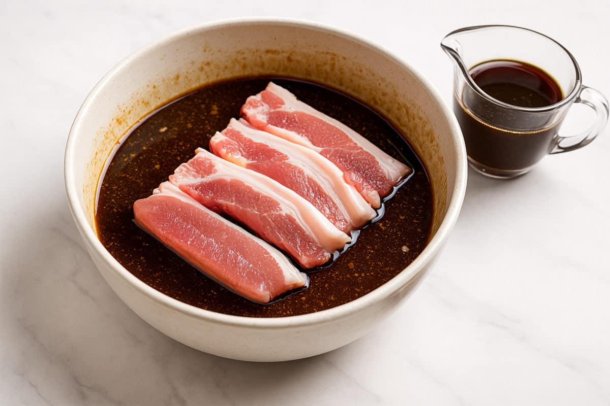 A slab of pork belly added to the bowl, covered in sauce. Another small jug nearby with reserved marinade.