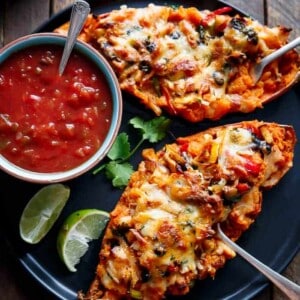 Twice Baked Chicken Fajita Sweet Potatoes with red sauce