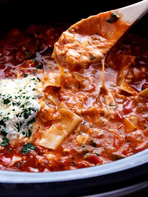 Lasagna Soup in a bowl with wooden spoon