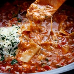 A lighter and healthier version of lasagna with all of the traditional flavors, this easy to make low fat lasagna soup comes together in minutes! No layering. No waiting around your oven. Simply throw all of your ingredients into your slow-cooker or crockpot and you have lasagna soup ready to be served whenever you are; with minimal work and maximum taste!