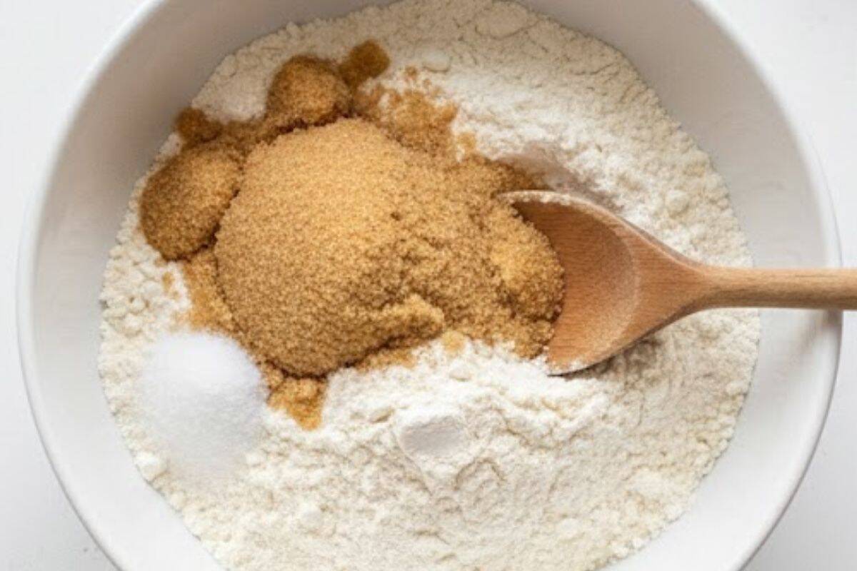 In a separate bowl, mix together the flour, baking powder, salt, and sugar