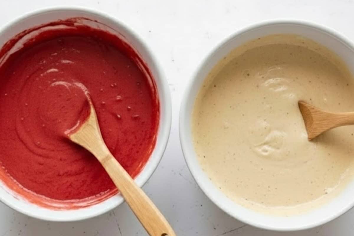 Divide the batter evenly into two bowls or jugs. Stir the cocoa powder and red coloring into one portion, and mix the vanilla bean paste into the other.