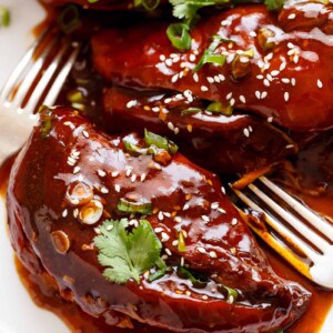 Slow Cooker Asian Glazed Chicken with fork