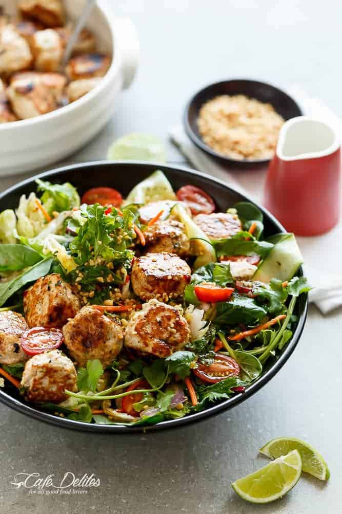 Thai Chicken Meatball Salad in a pan