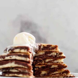 Zebra Marble Pancakes with ice cream scoops stack on each other