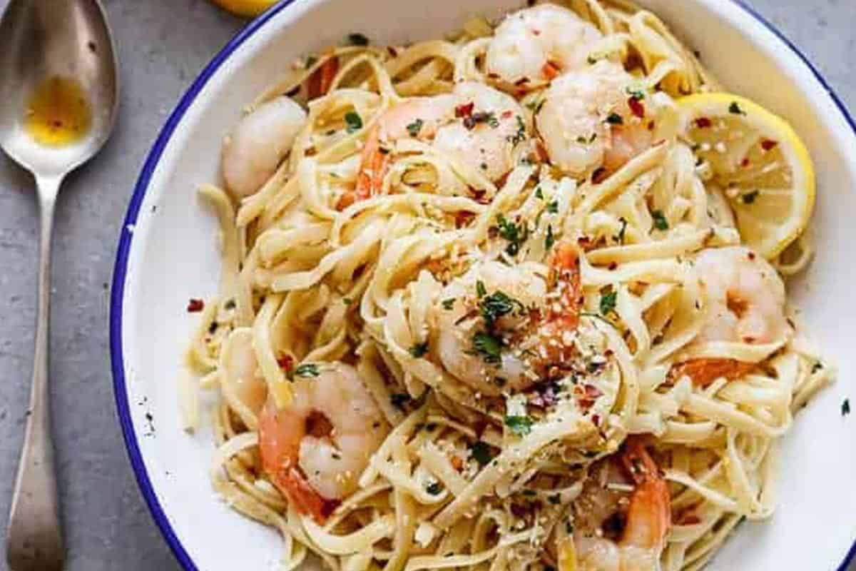Close-up shot of Brown Butter Shrimp Scampi.