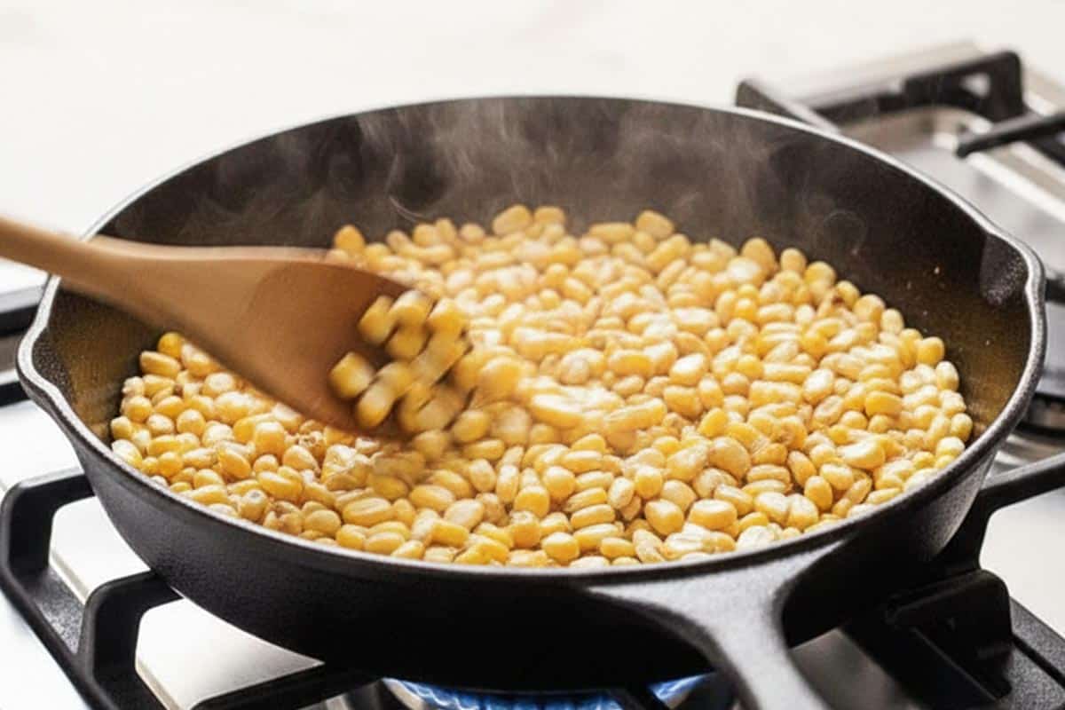 Toasting the corn in a skillet.