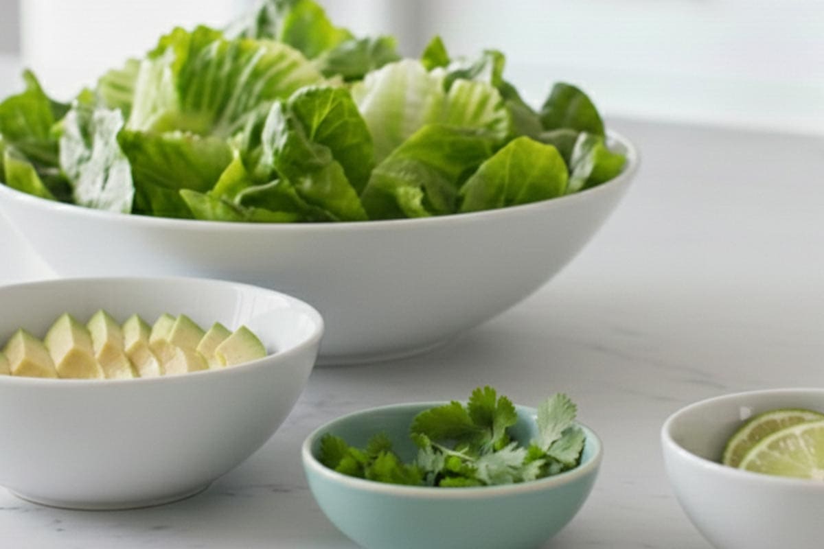 Prepared the lettuce, sliced avocados, lime and coriander in separate bowls.