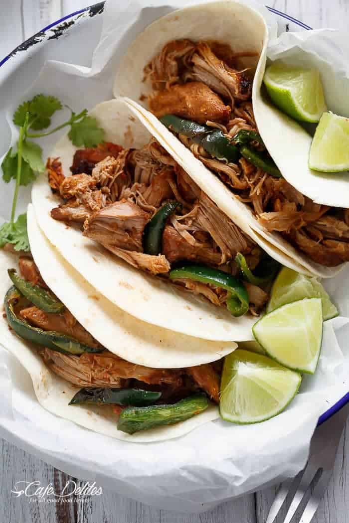 Crispy Slow Cooker Carnitas with tortillas