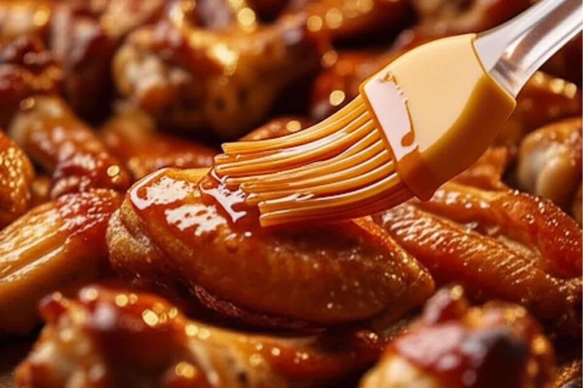 Bake the chicken wings for another 10 minutes. Switch the oven to broil and baste with half of the thickened glaze.