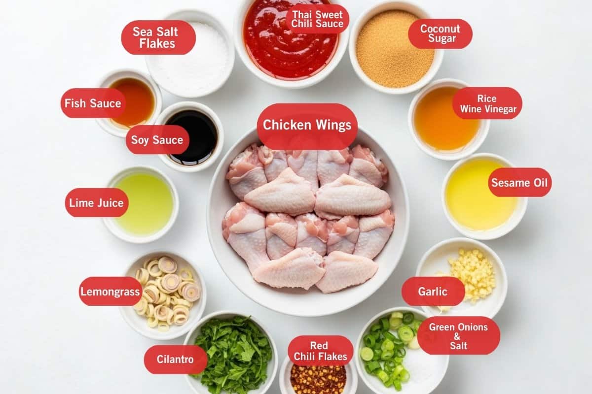 Flat lay photo of ingredient shot of sea salt flakes, thai sweet chili sauce, coconut sugar, rice wine vinegar, sesame oil, garlic, green onions, salt, red chili flakes, cilantro, lemongrass, lime juice, soy sauce, fish sauce and chicken wings
