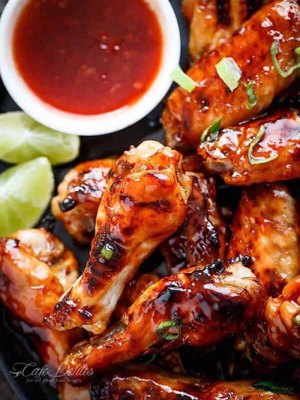 Top view of Sticky Thai Chicken Wings glazed with a sticky sauce infused with authentic Thai flavours