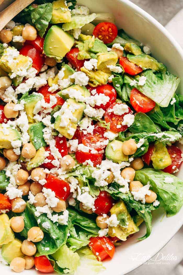 Top vie image of Balsamic Chickpea Salad in a bowl
