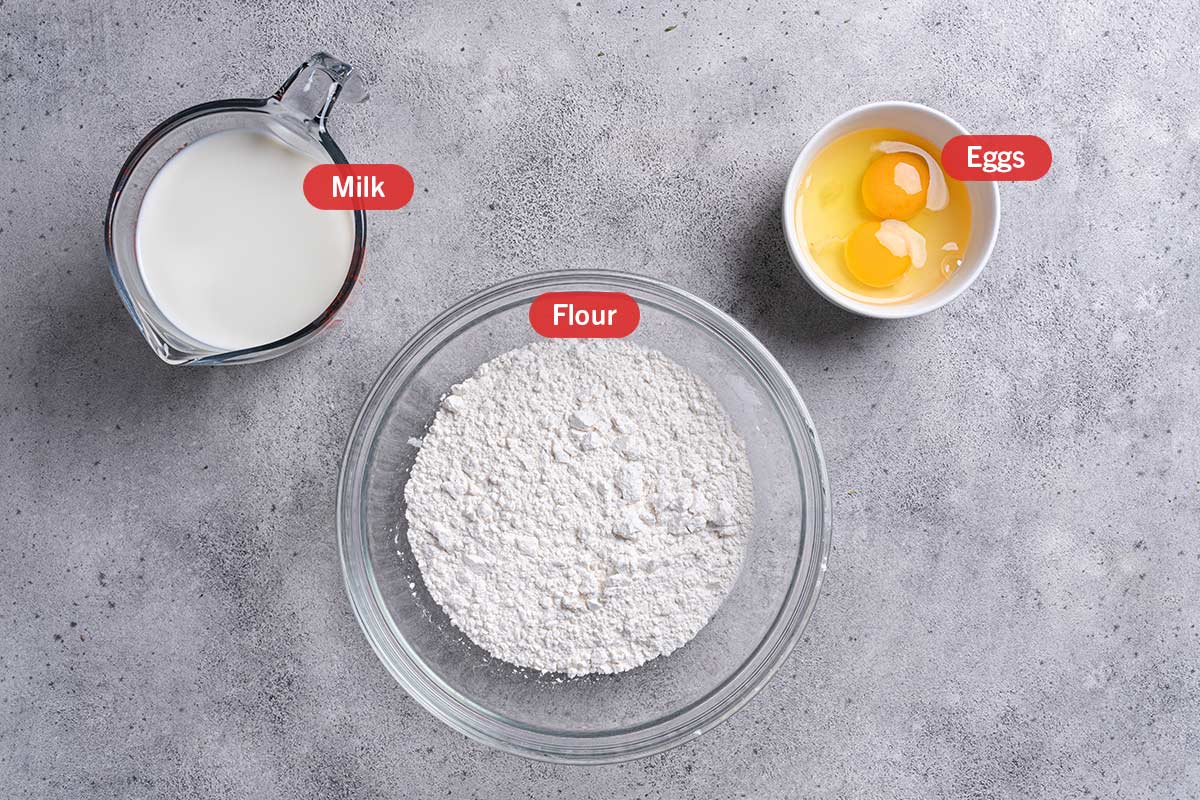 Image of the ingredients needed for the preparation of this recipe, specifically: milk, flour, and eggs.