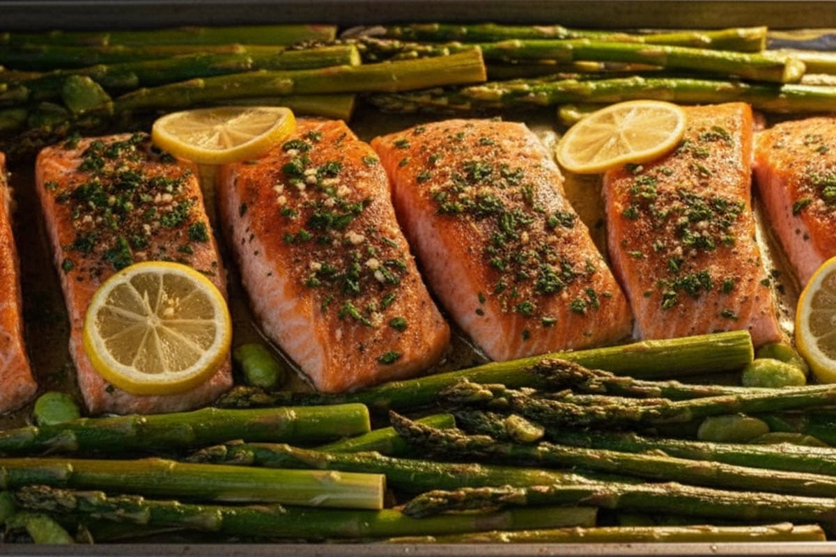 Broiling the salmon with lemon, beans and asparagus.