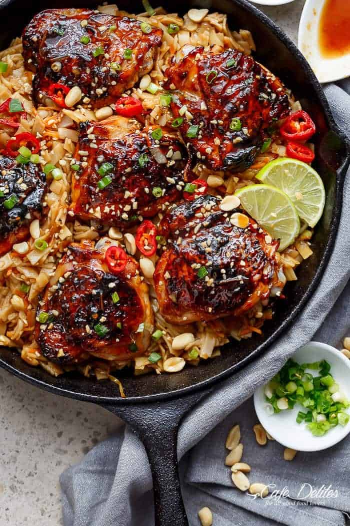 Thai inspired chicken recipe served with Thai Rice noodles, cooked in one skillet! | 