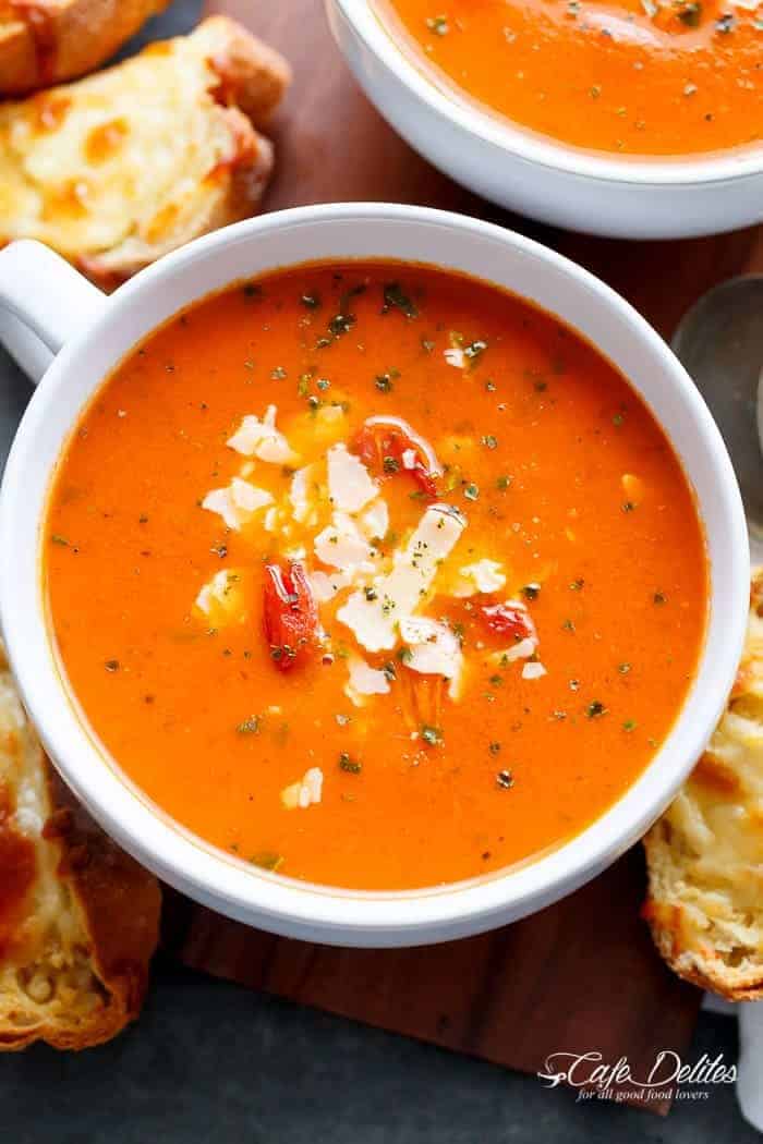Top view of Creamy Roasted Tomato Basil Soup in a cup