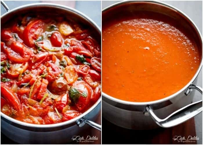 Before and after image of Creamy Roasted Tomato Basil Soup