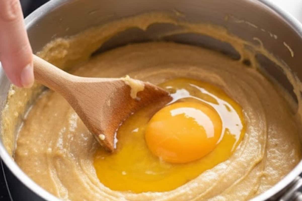 Let the dough cool slightly, then beat in the first egg until fully combined and repeat with the second egg until the mixture is thick and smooth.
