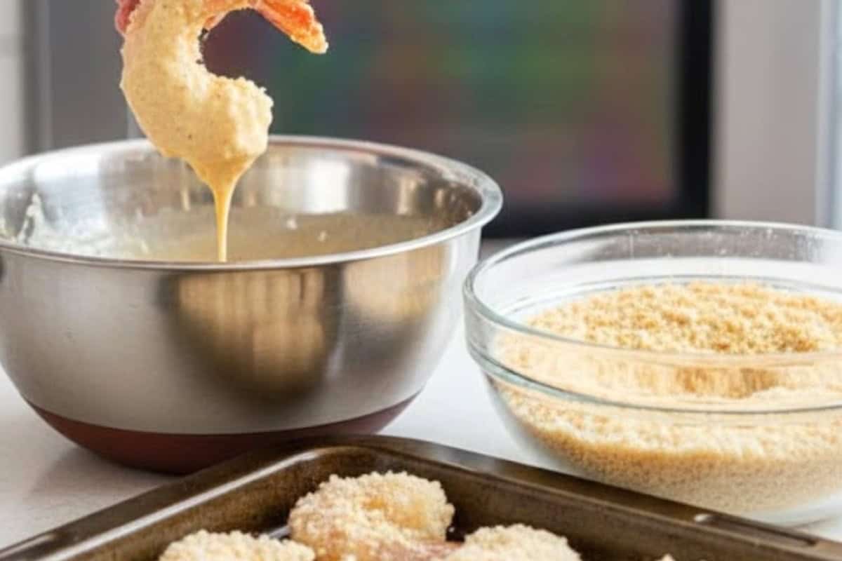 Hold the shrimp by the tail, dip it into the batter until coated, shake off excess, then roll in Panko breadcrumbs for extra crunch.