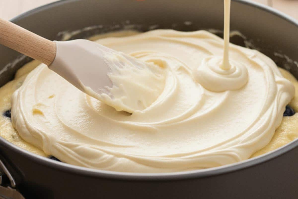 Pouring cheesecake mixture on top of cake batter.