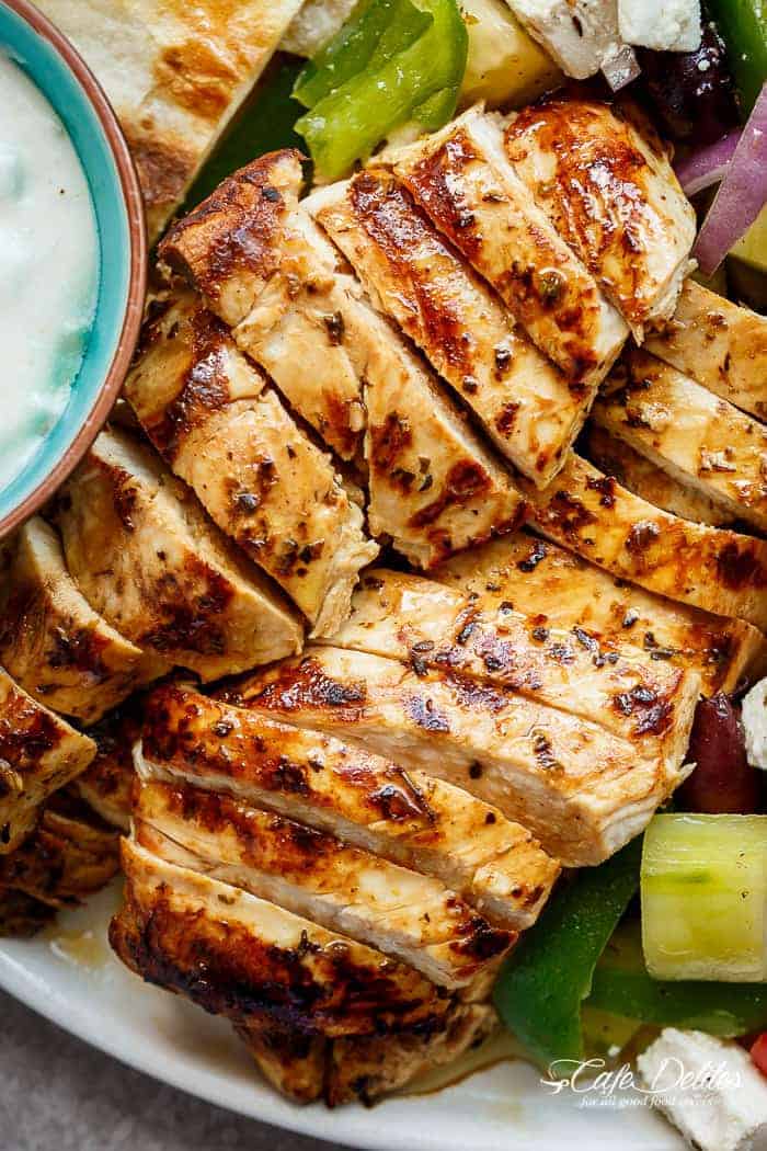 Image focusing on Lemon Garlic Chicken Greek slices