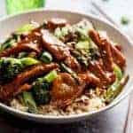 Mongolian Beef And Broccoli with rice in bowl