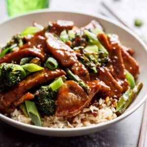 Mongolian Beef And Broccoli with rice in bowl