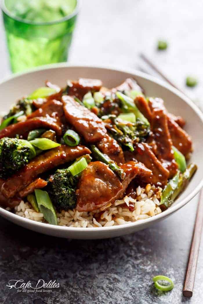 Mongolian Beef And Broccoli with rice in bowl
