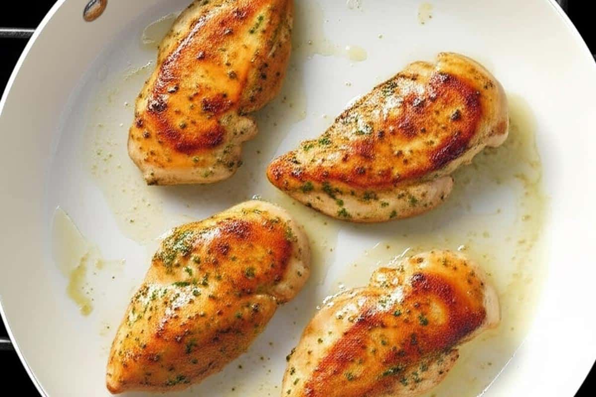 chicken and pan-fried on a large oven-safe skillet.