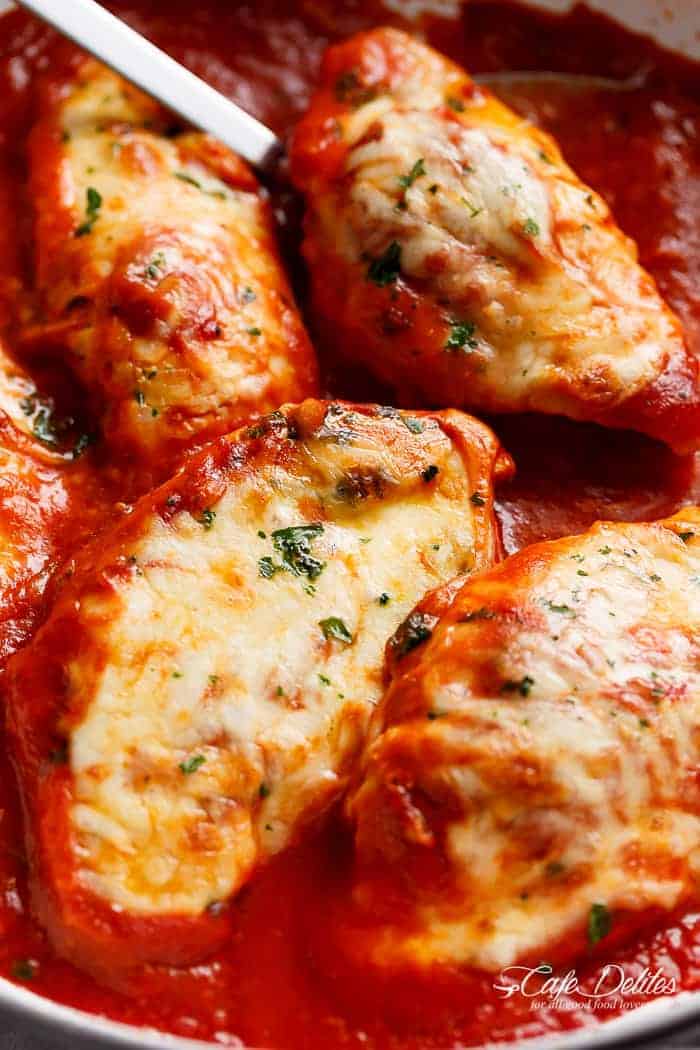 Pieces of Mozzarella Chicken In Tomato Sauce
