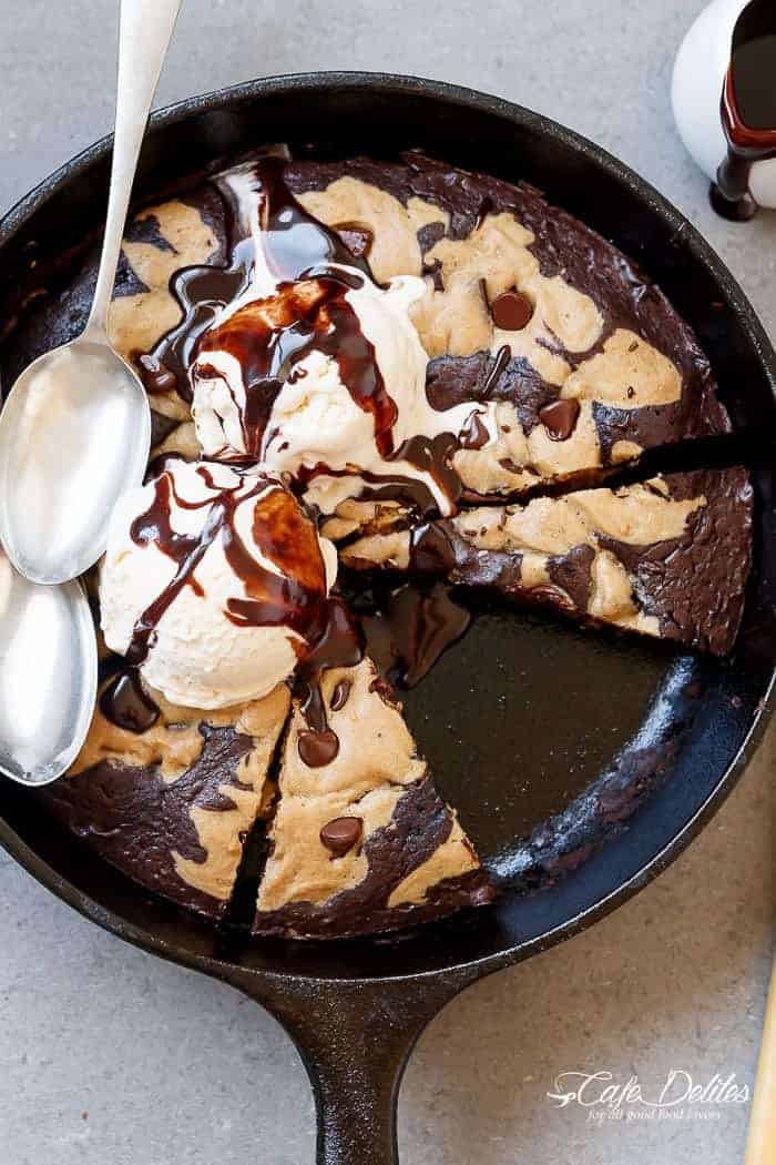 Top view of Chocolate Chip Cookie Marbled Skillet Brownie is crispy on the outside. Extreme fudgy-ness going on on the inside.