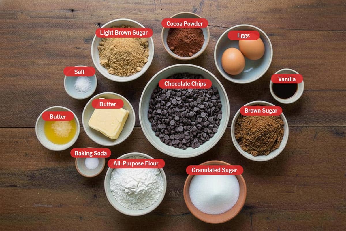 Top shot of ingredients: light brown sugar, cocoa powder, eggs, vanilla, brown sugar, granulated sugar, all-purpose flour, baking soda, butter, salt, and chocolate chips.