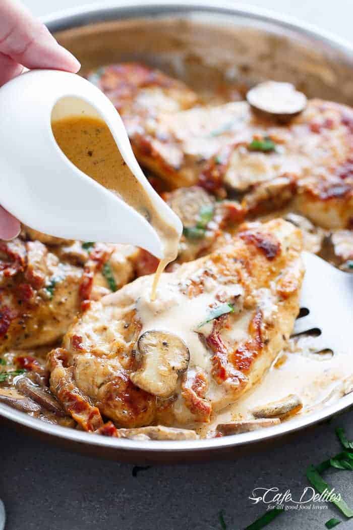 A Creamy Sun Dried Tomato Parmesan Chicken with Mushrooms